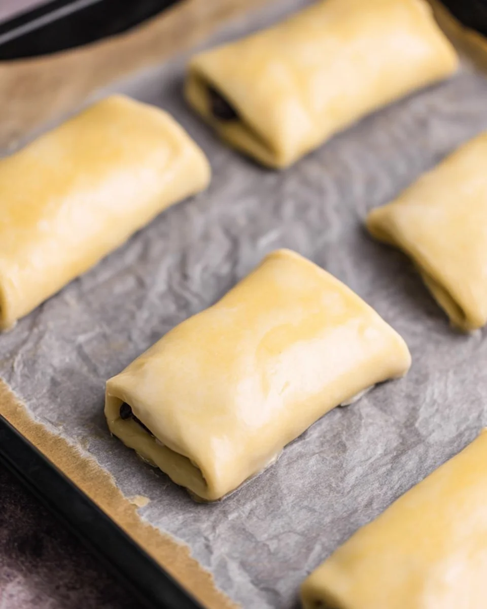 Puff pastry strips wrapped around chocolate chips and brushed with an egg wash sitting on a baking sheet