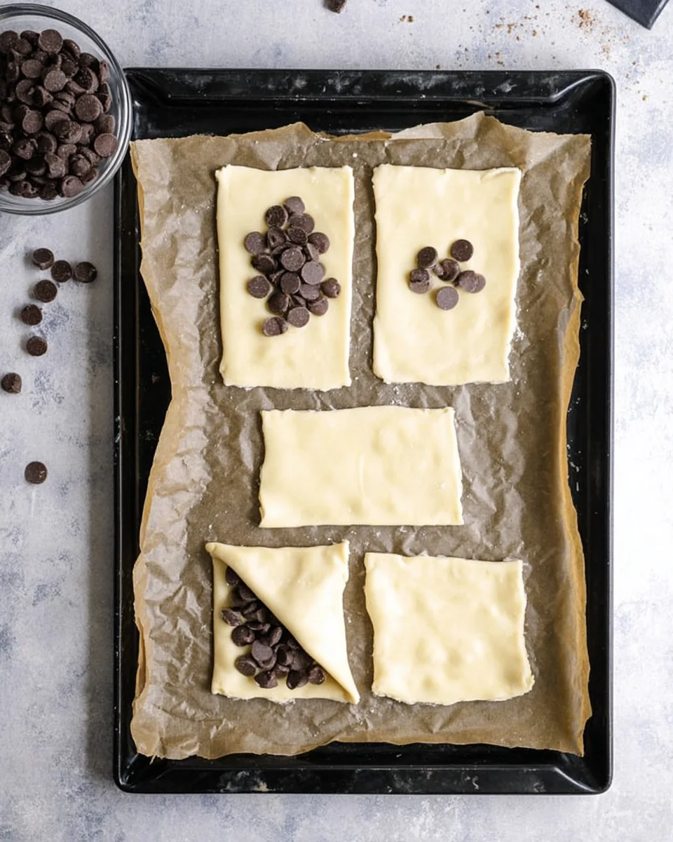 A photo showing the process of rolling up puff pastry around chocolate chips to create chocolate croissants