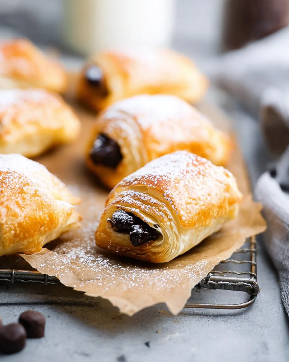 A close up photo of a puff pastry chocolate croissant dusted with powdered sugar