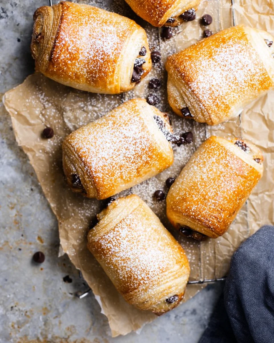 An overhead view of puff pastry chocolate croissants dusted with powdered sugar sitting on a cooling rack