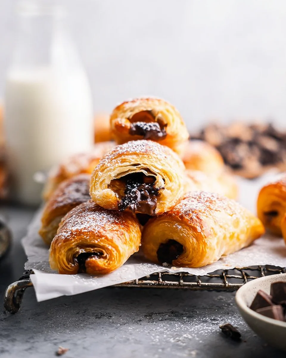 3 chocolate croissants stacked on top of each other surrounded by dark chocolate chips and a glass of milk