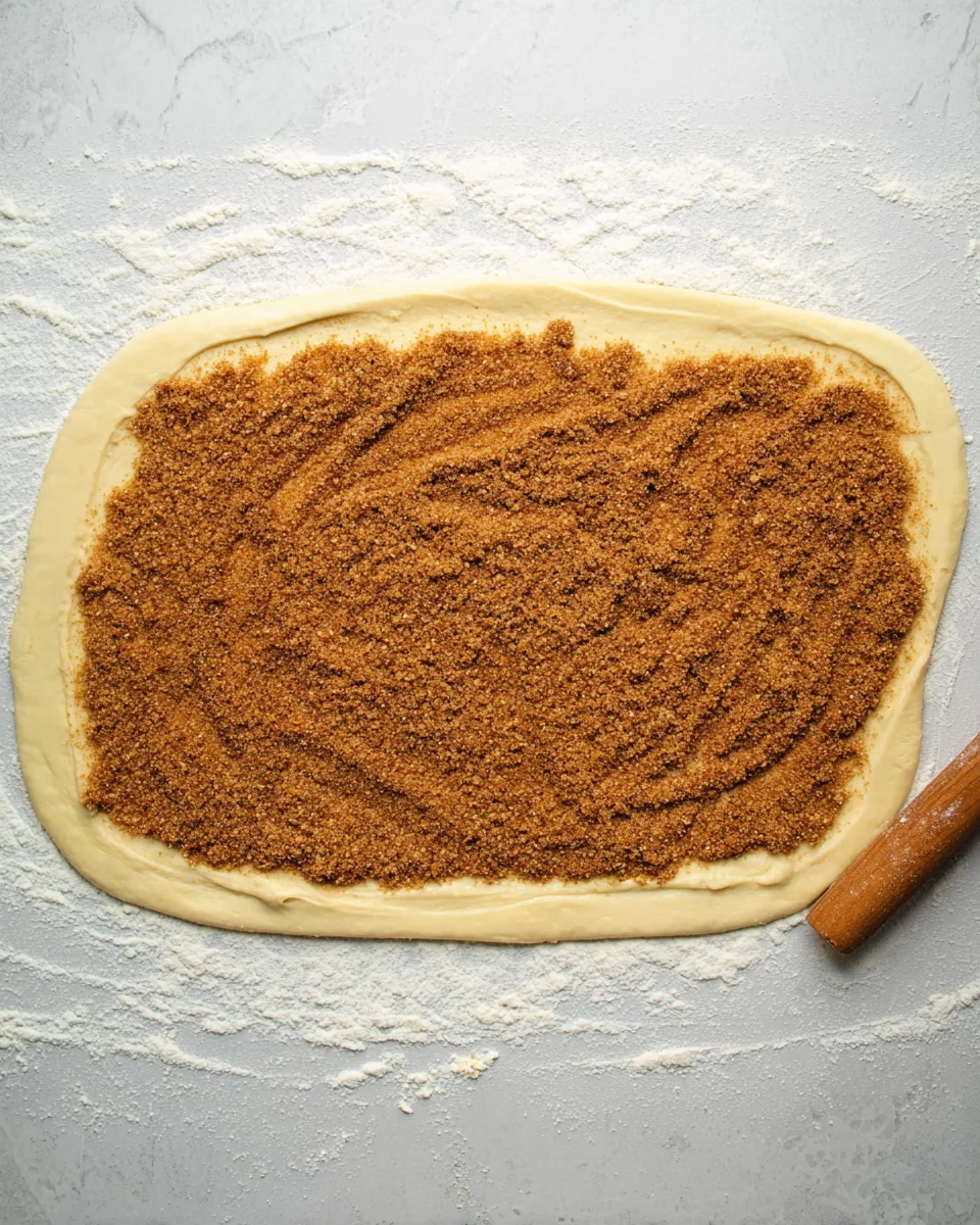 dough rectangle spread with butter and topped with cinnamon sugar mix