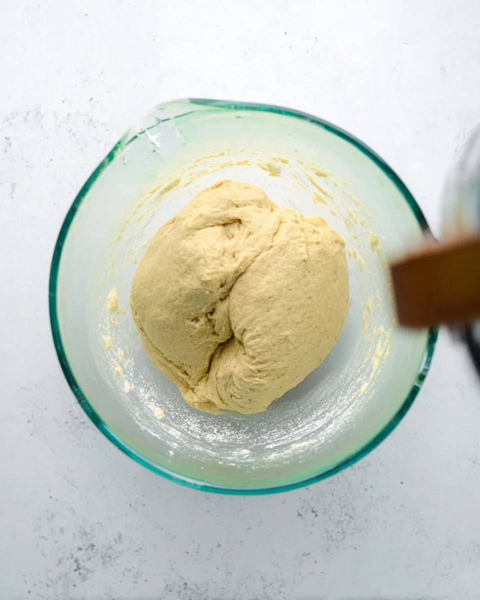 kneaded dough in glass mixing bowl