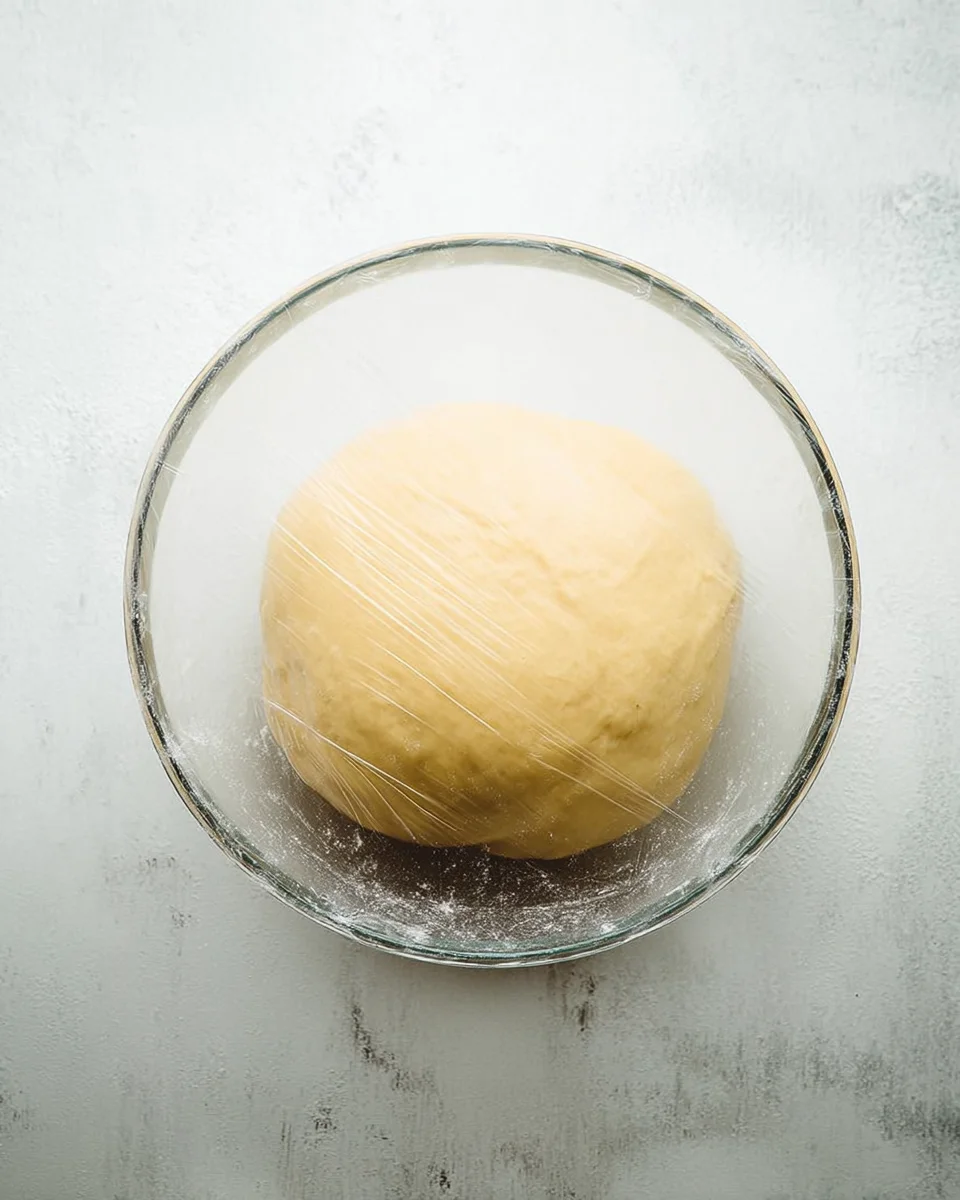 dough in large glass bowl covered with plastic wrap 
