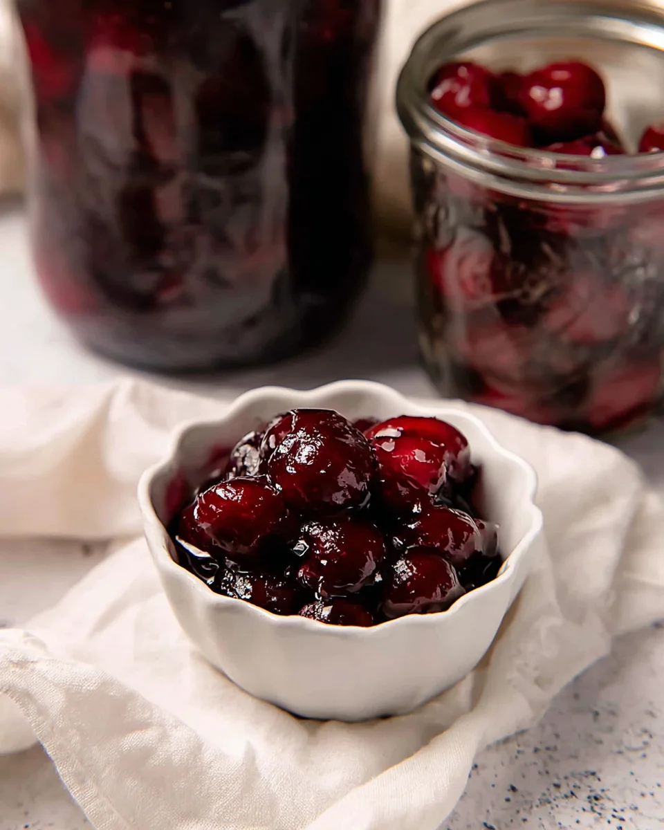 Spiced juicy cherry filling in a small white bowl.