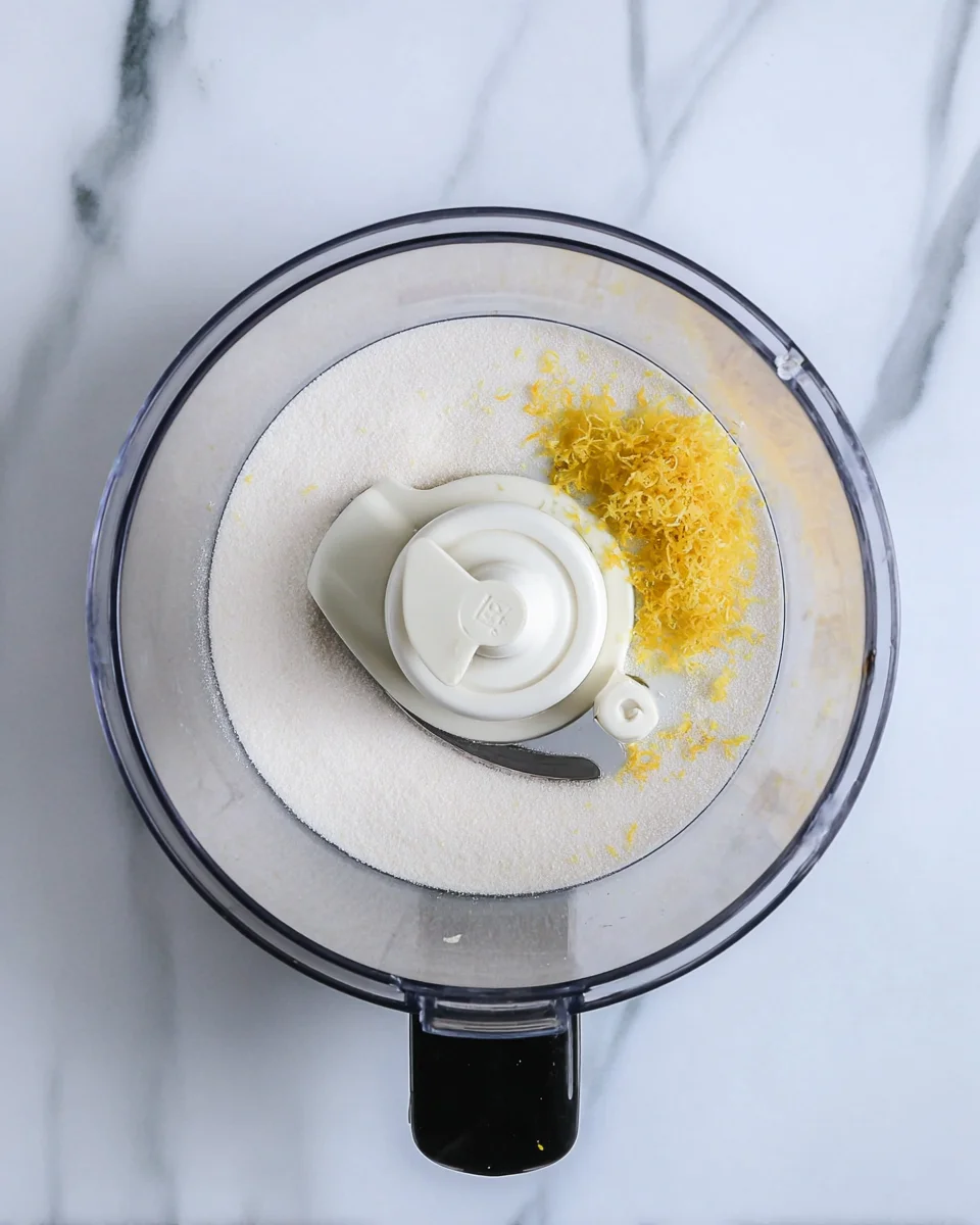 Sugar in the bowl of a food processor with lemon zest grated on top