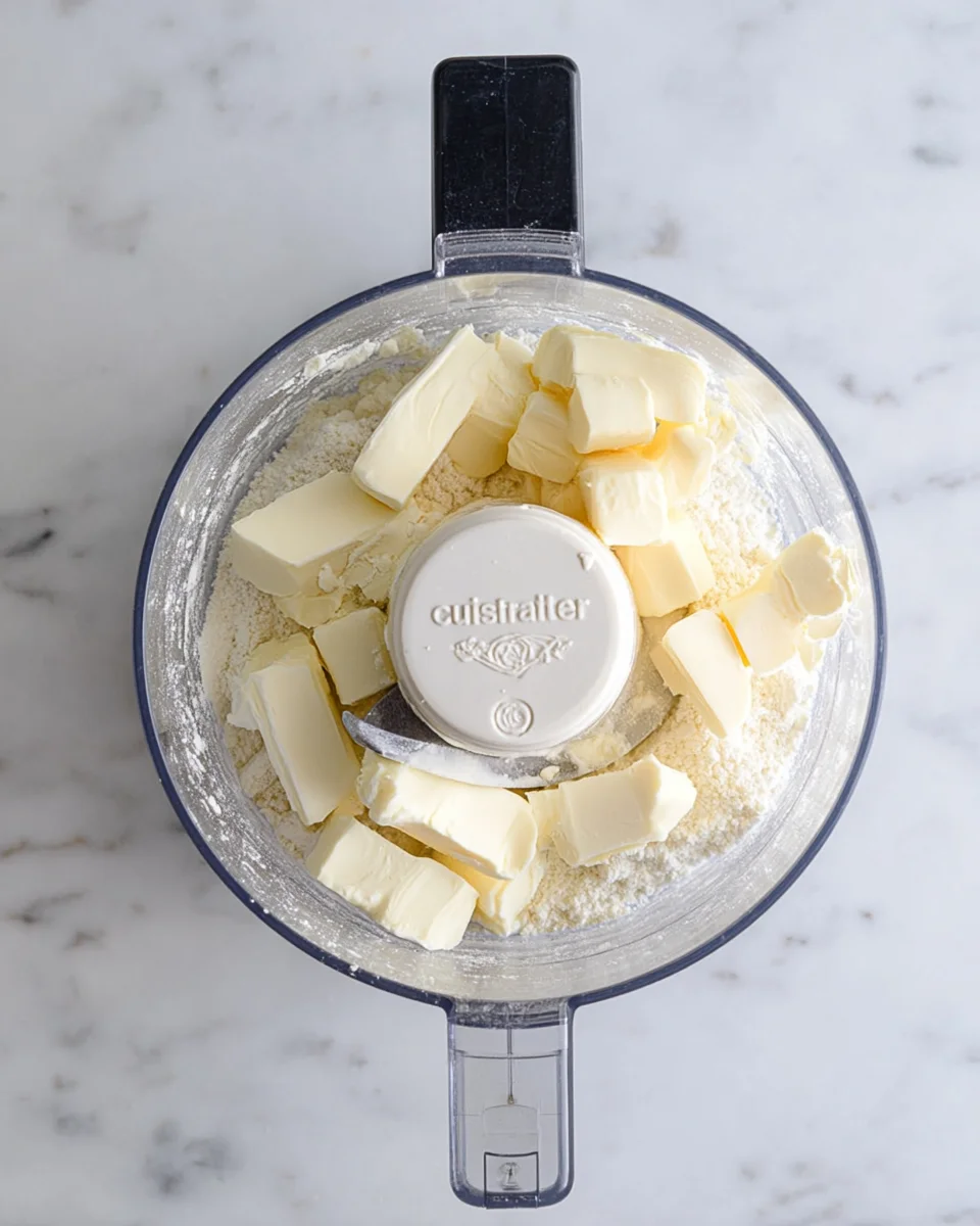 Cream cheese and butter added to the sugar in the bowl of a food processor