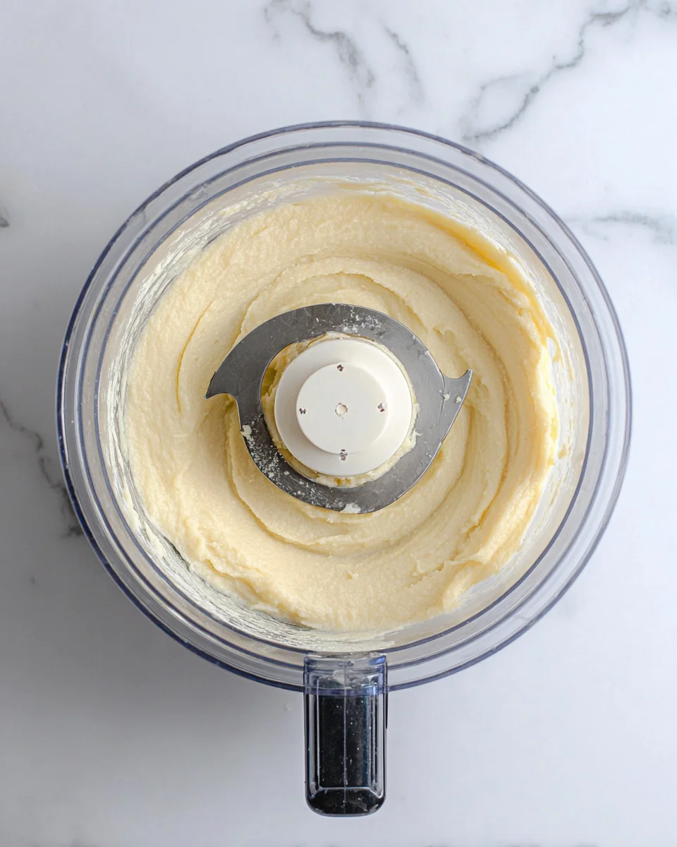 The sugar cookie dough with the egg added in the bowl of a food processor.  The mixture looks very creamy