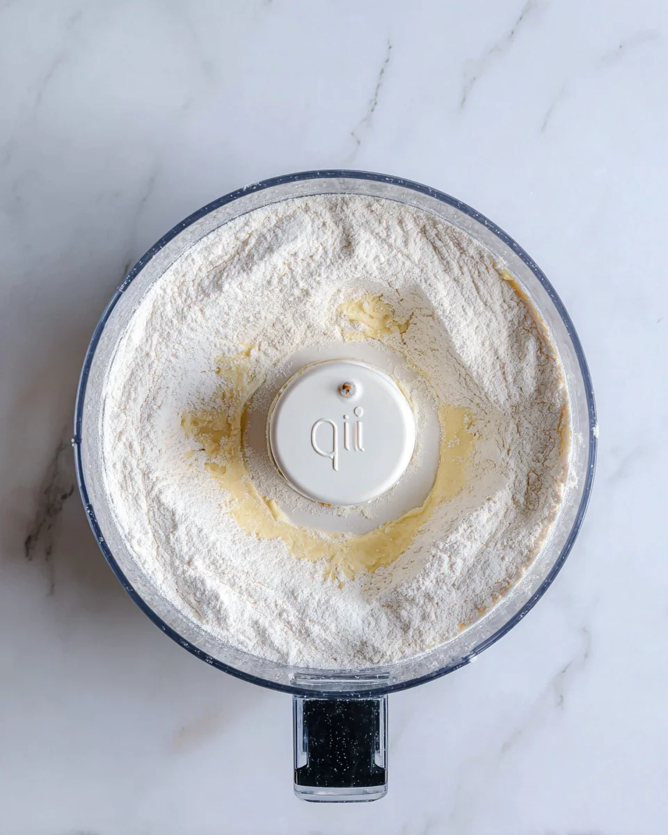 The flour mixture added to the rest of the ingredients in the bowl of a food processor