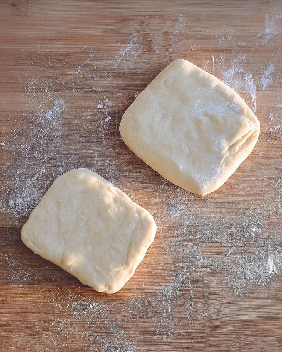 The sugar cookie dough divided into 2 pieces and each piece shaped into a square
