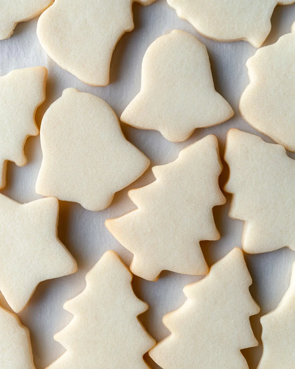 A pile of Christmas cream cheese sugar cookies arranged on a board.  The cookies are plain and undecorated