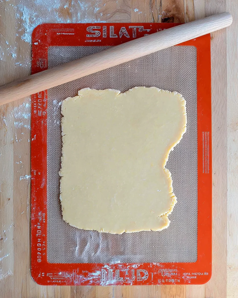 The cream cheese sugar cookie dough rolled out on a flour dusted piece of Silpat with a rolling pin next to the dough