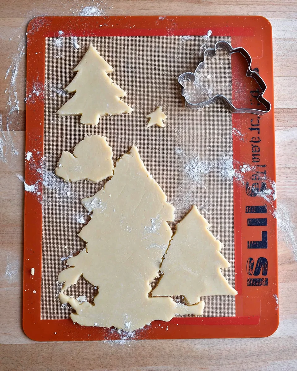 Christmas tree shaped pieces of dough cut out of the main piece of dough.