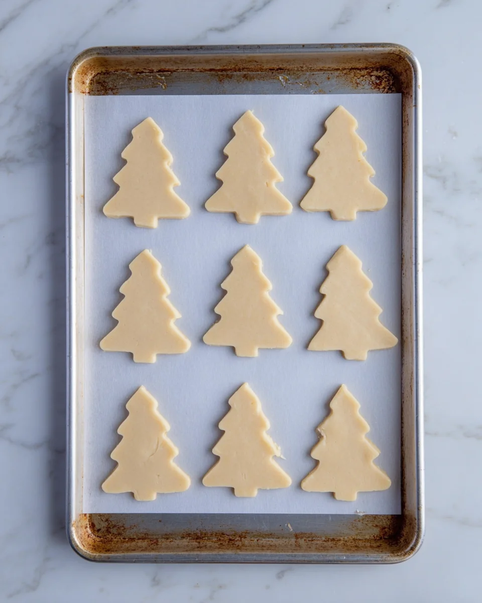 Eight unbaked cutout cookies arranged on a parchment lined cookie sheet