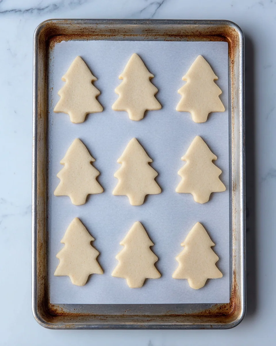 Baked sugar cookies on a parchment lined baking sheet. The cookies are Christmas tree shaped