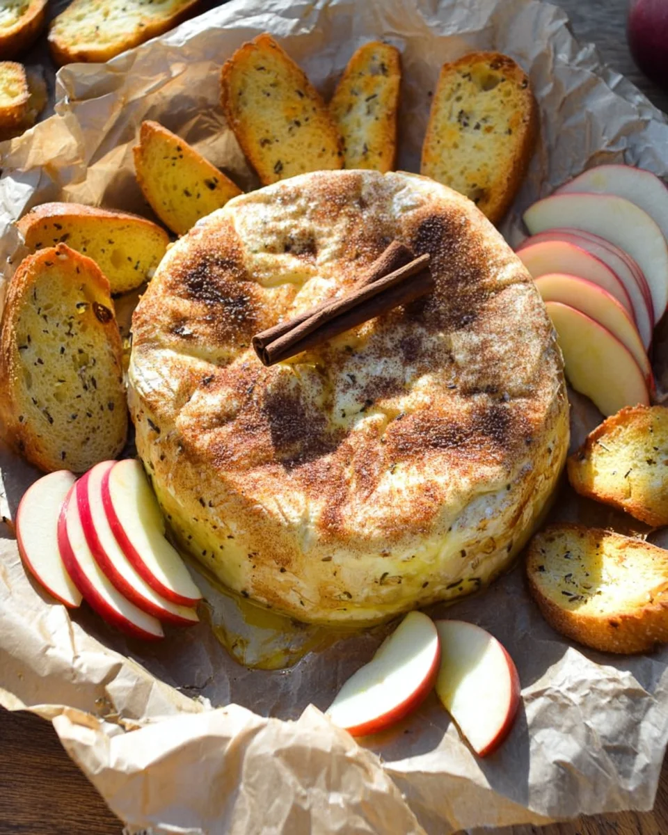 DSC_0487-671x1024.jpg An overhead view of brie baked in puff pastry with apple and cinnamon.