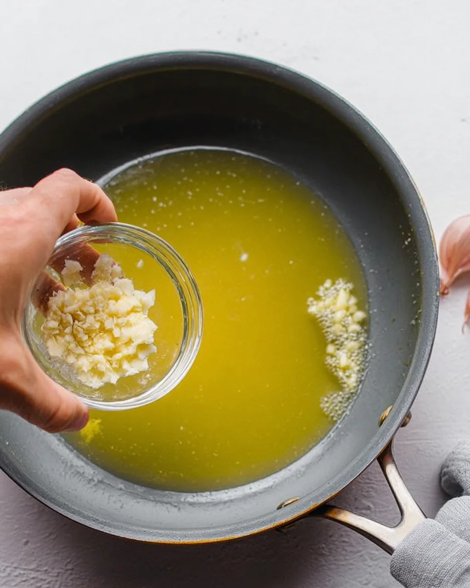Person adding garlic to a pan of melted butter.