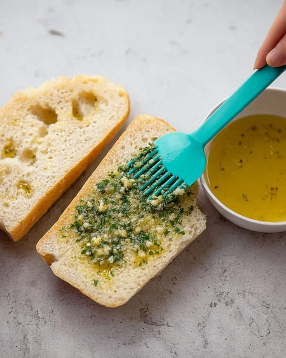 spooning the garlic butter mixture over the cut sides of the bread