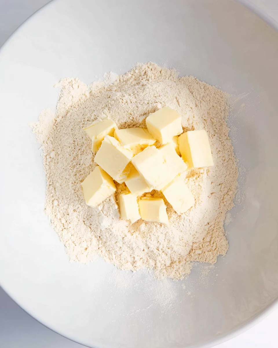 Cubed cold butter added to the dry ingredients in the bowl.