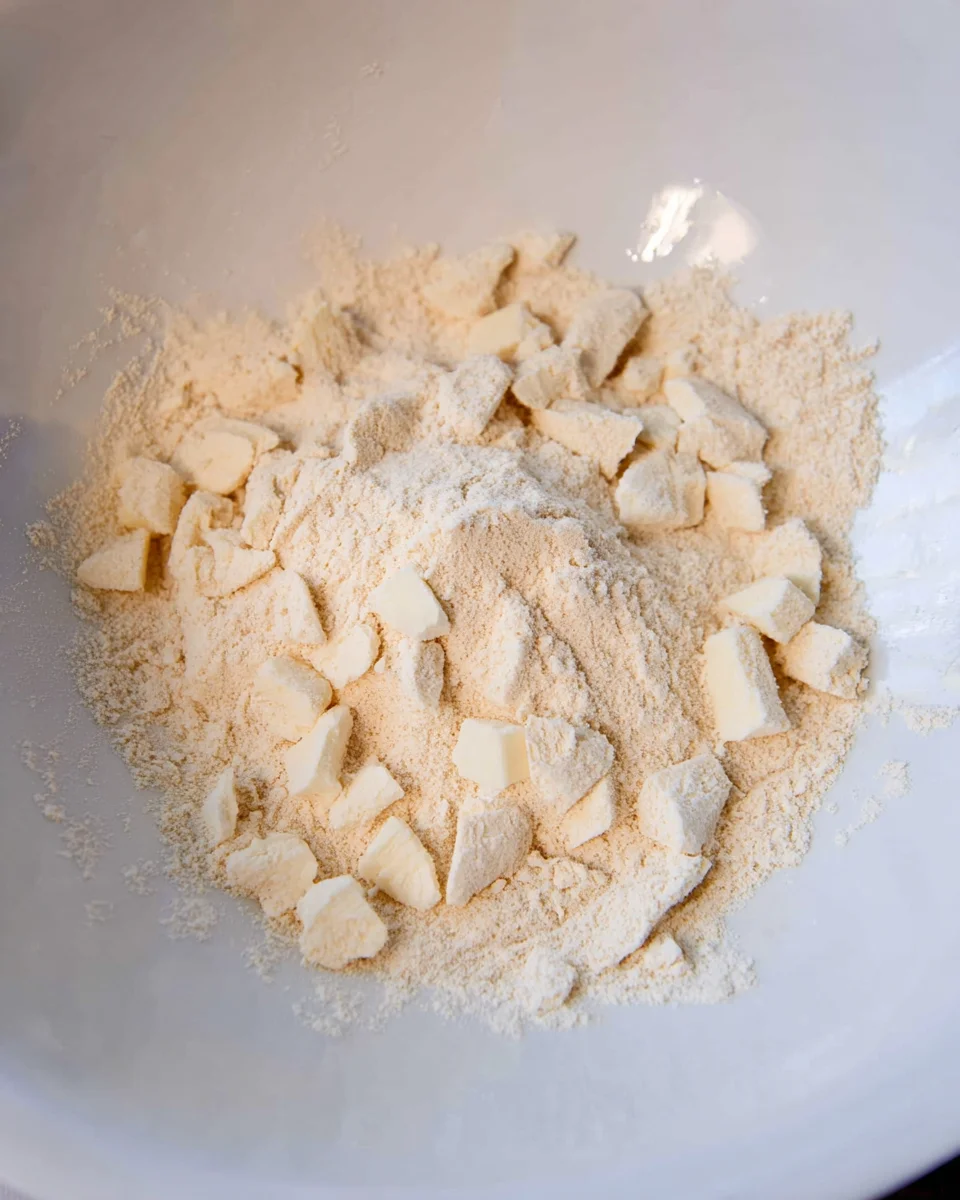 The butter cut into the flour mixture, with large and small lumps of butter in the flour mix.