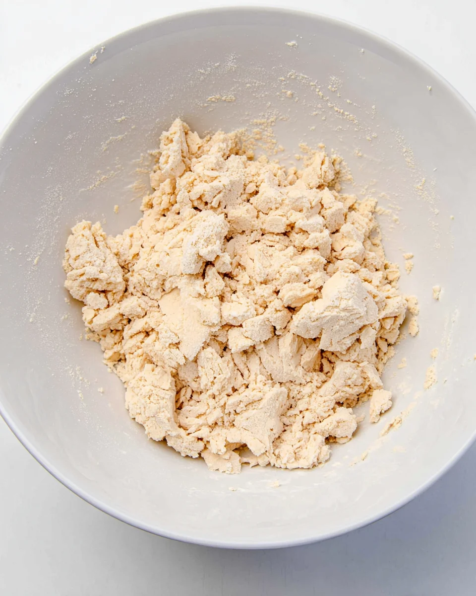 Overhead view of lumpy pie dough in a bowl, after the iced water and vodka has been added.