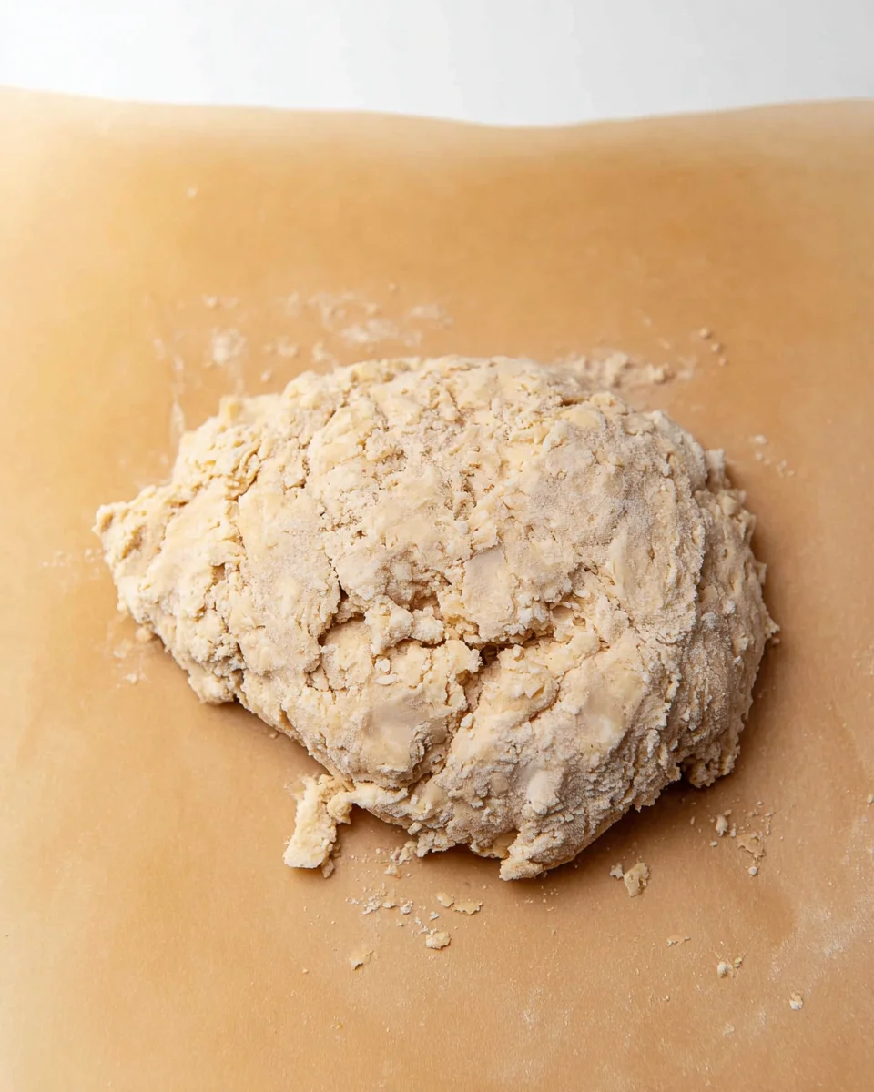 The graham cracker pie dough turned out onto a parchment paper, showing the texture, with some dry spots in the dough.