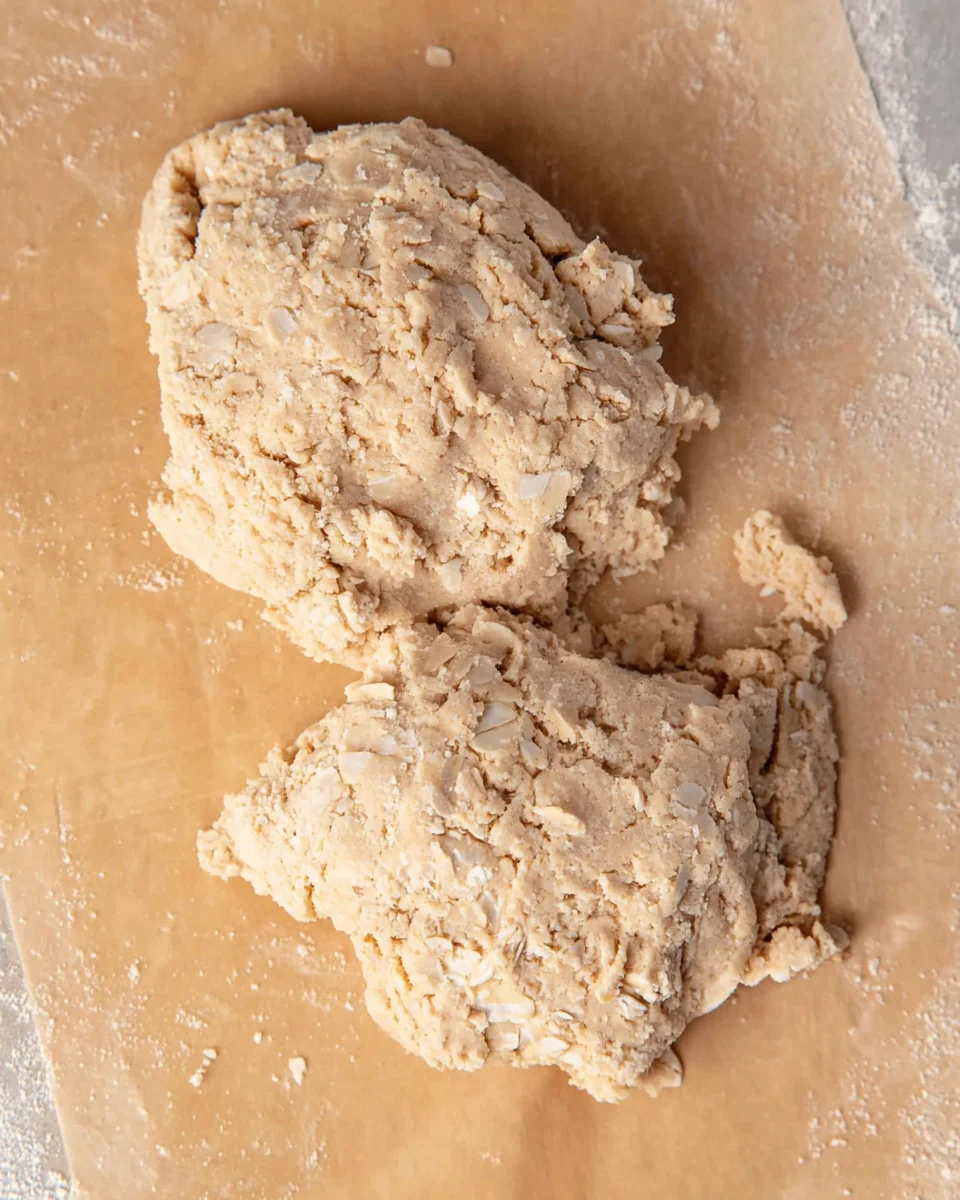 The pie crust stacked, to create layers in the crust.