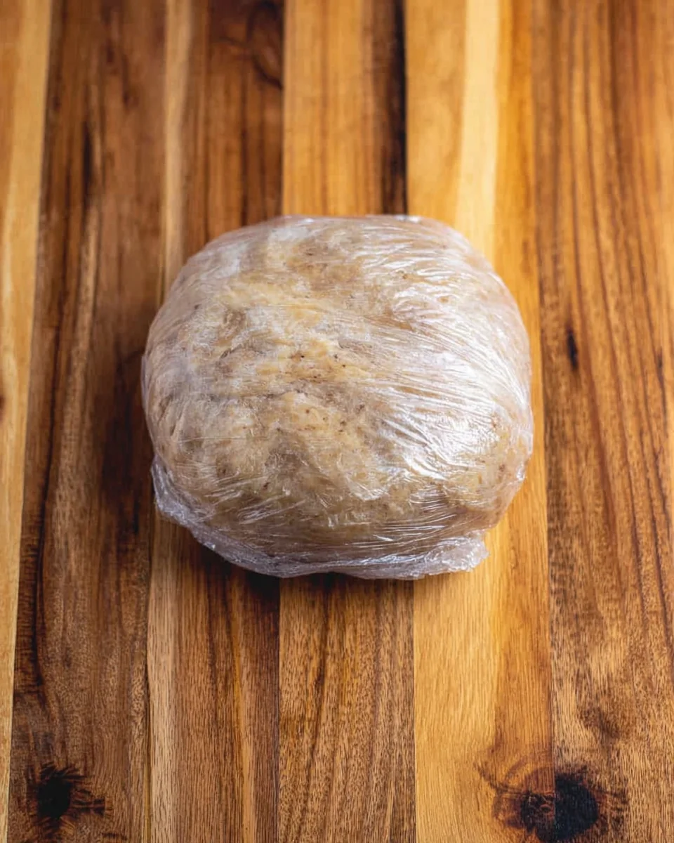 A single pie dough portion wrapped in plastic wrap.