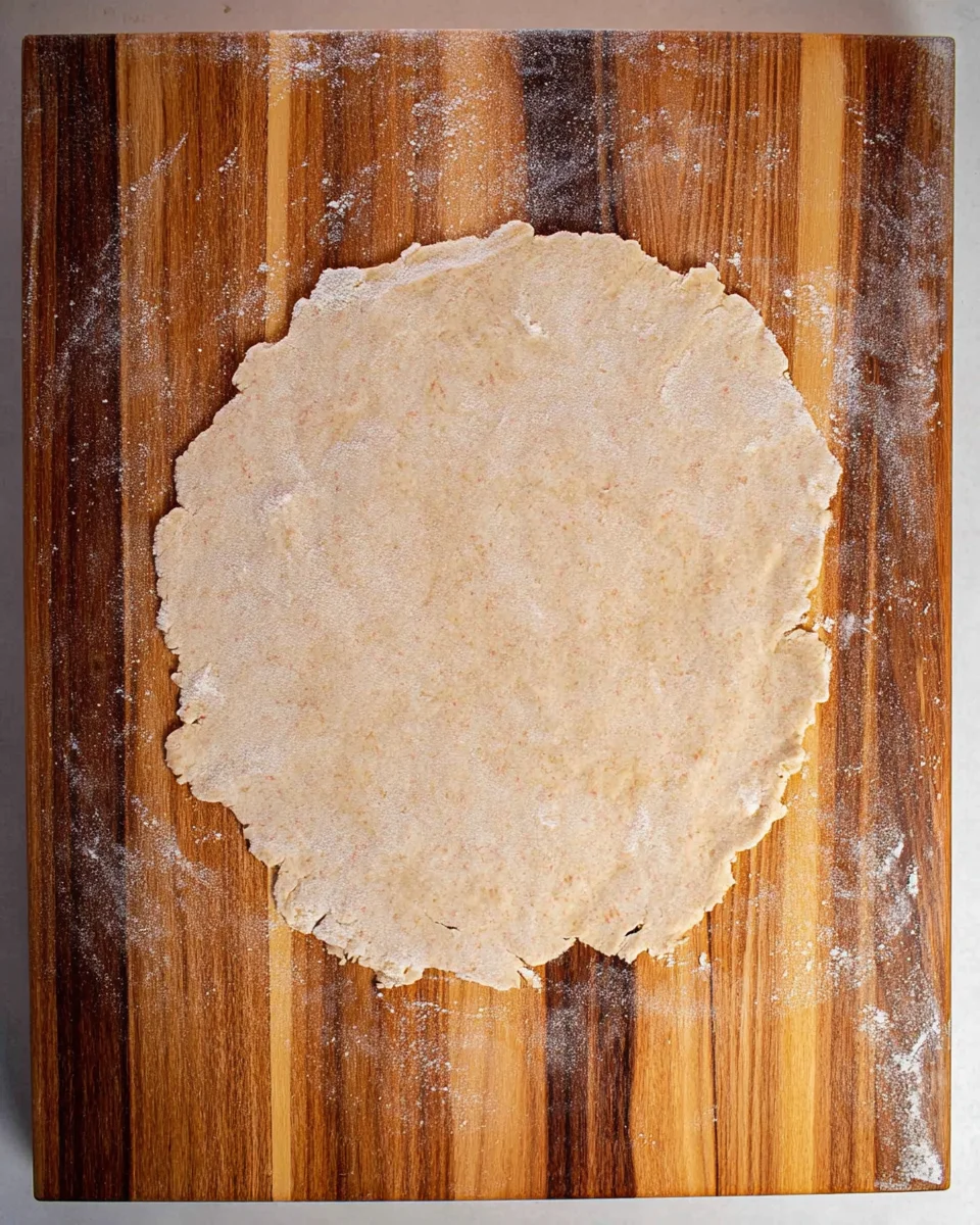 Graham flour pie crust dough rolled out on a wooden surface.