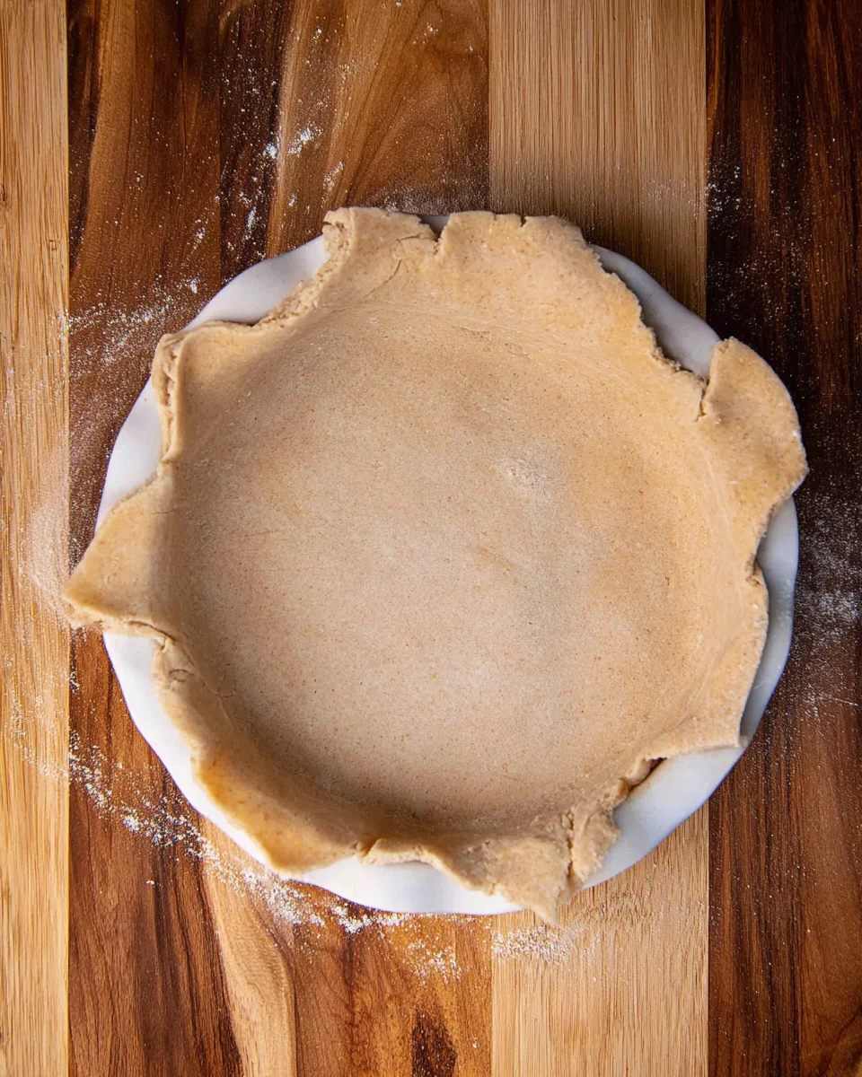 The rolled out pie dough in a pie dish.