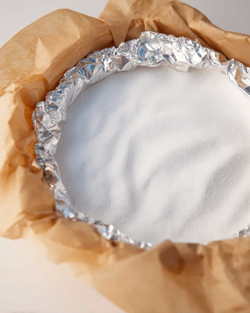 A pie plate with pie crust resting inside which is filled with sugar in the middle for blind baking.