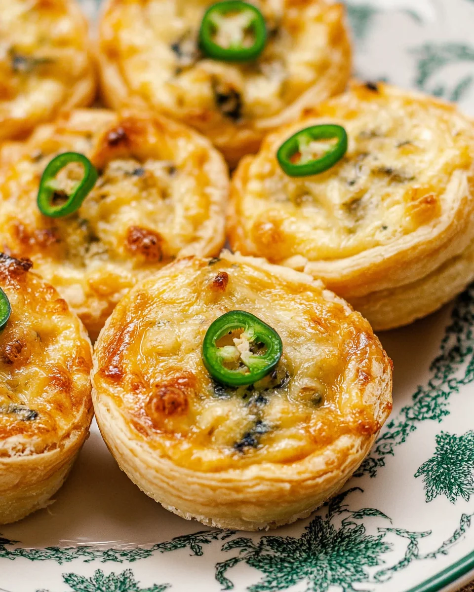 Savory cheese puff pastry swirls topped with melted cheese and slices of green chili on a decorative plate.