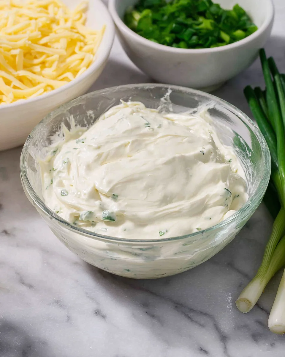 A glass bowl filled with creamy white dip garnished with herbs is on a white marble surface. It is surrounded by bowls of shredded cheese and chopped green onions, with fresh green onions nearby.