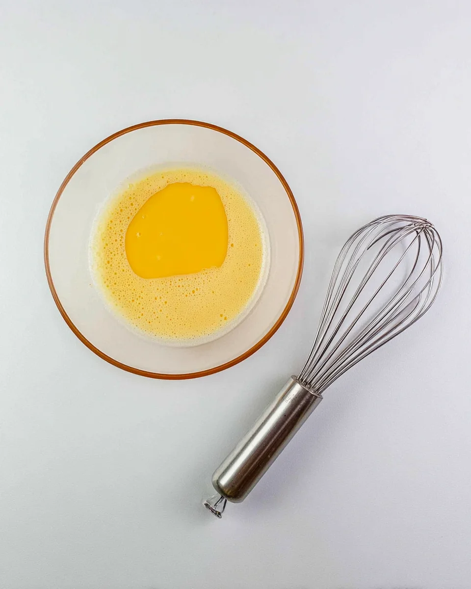 A bowl of beaten eggs sits on a white surface next to a metal whisk.