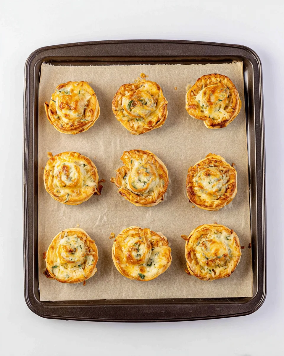 Nine golden-brown pastry rolls with cheese and herbs are evenly spaced on a parchment-lined baking tray.