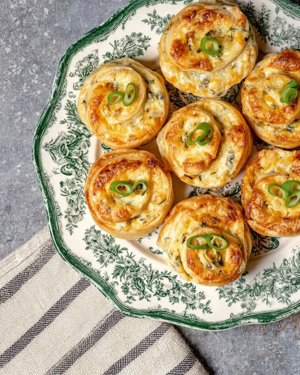 Seven savory pastries topped with green onion slices on an ornate green and white plate. The pastries are displayed on a textured gray surface next to a cloth with dark stripes.