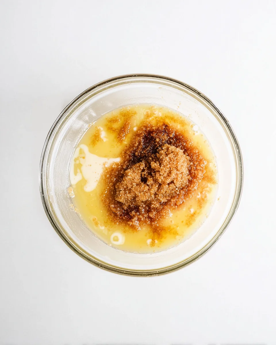 melted butter and brown sugar combined in a glass mixing bowl. melted butter and brown sugar combined in a glass mixing bowl.