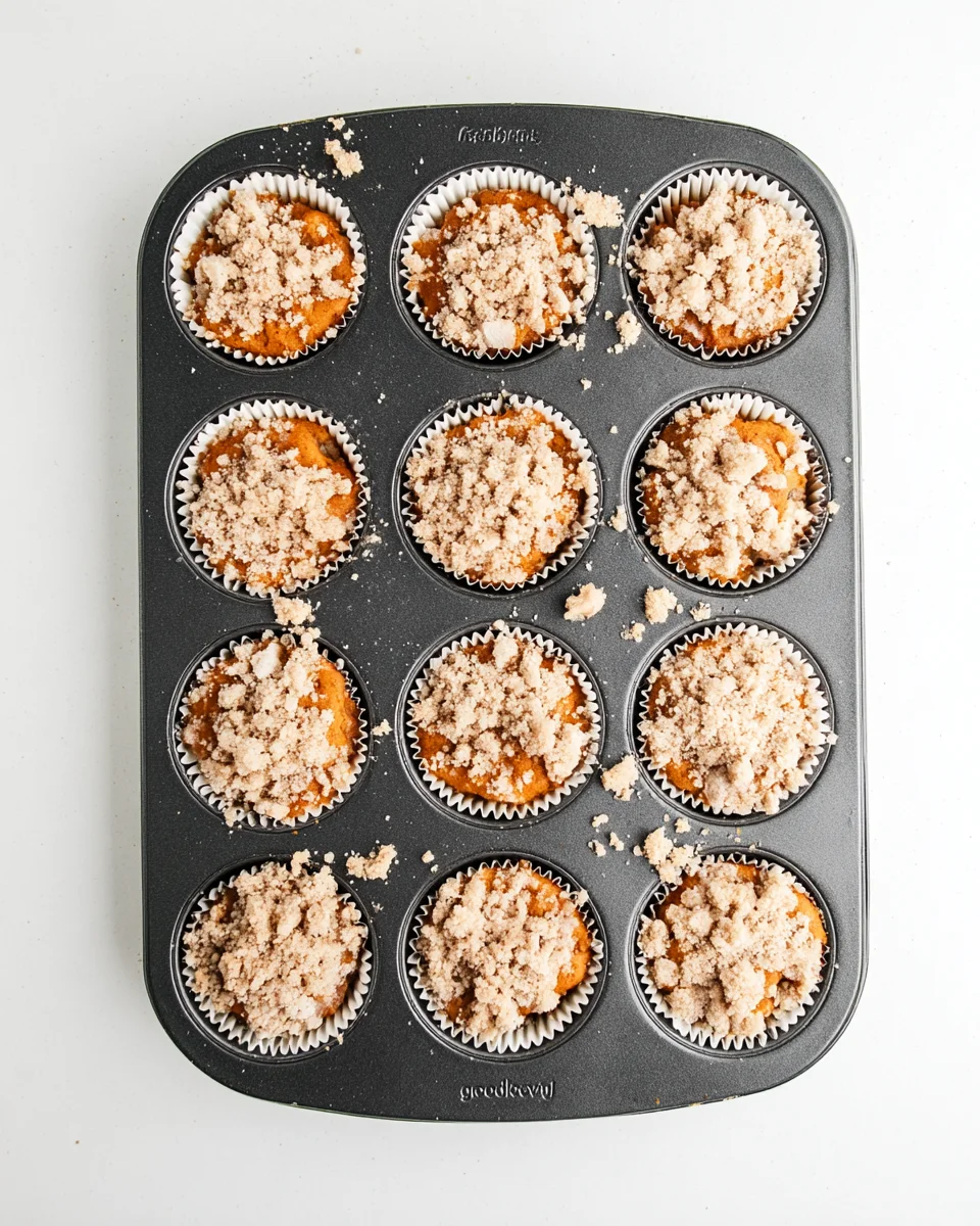 streusel sprinkled on top of muffin batter in a pan. streusel sprinkled on top of muffin batter in a pan.