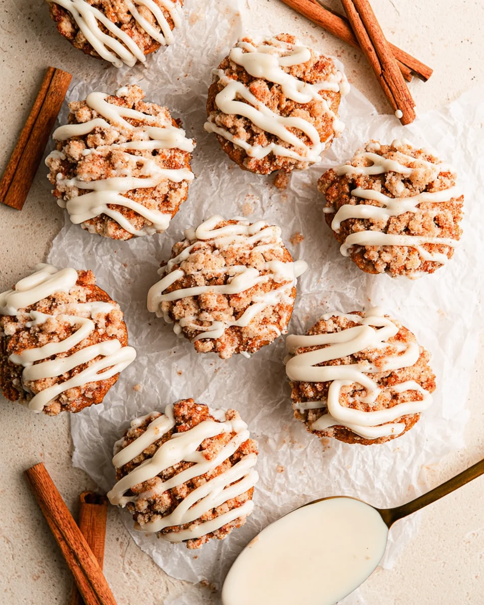 baked pumpkin muffins on parchment paper with drizzled frosting. baked pumpkin muffins on parchment paper with drizzled frosting.