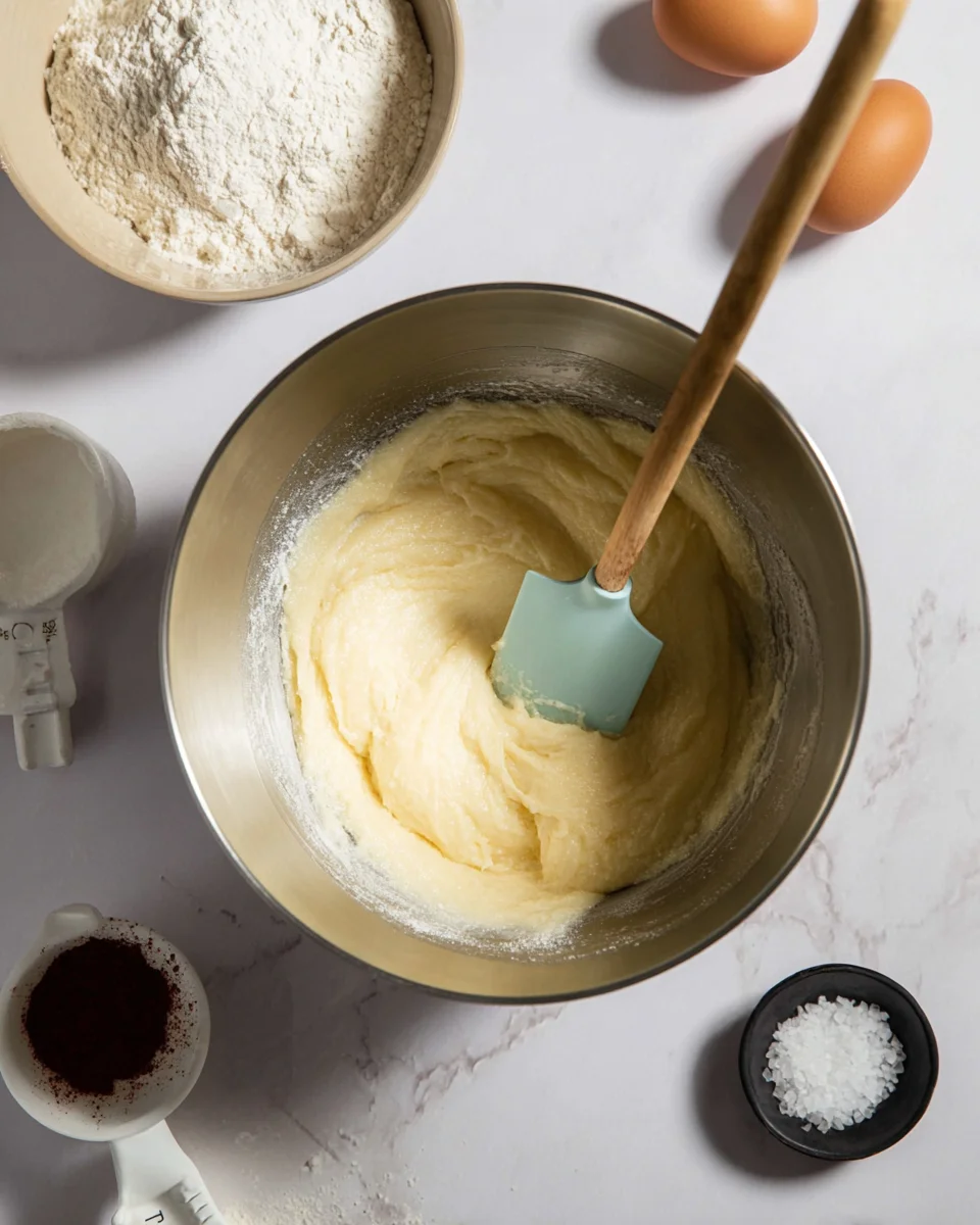 A mixing bowl with creamed butter and sugar, surrounded by flour, eggs, vanilla, and salt.