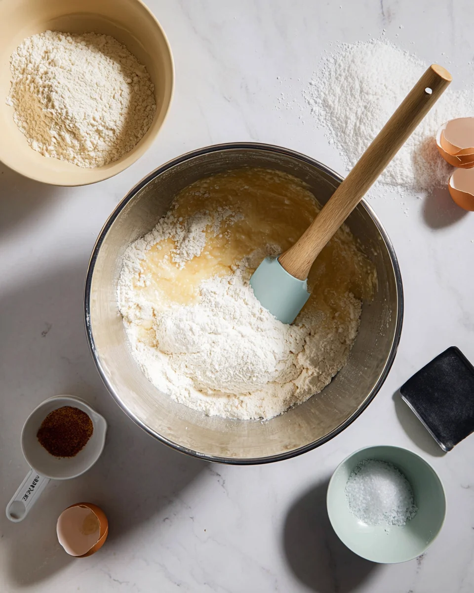Bowl with batter and flour being mixed with a spatula, surrounded by ingredients like flour, eggshells, cinnamon, and salt on a marble surface.