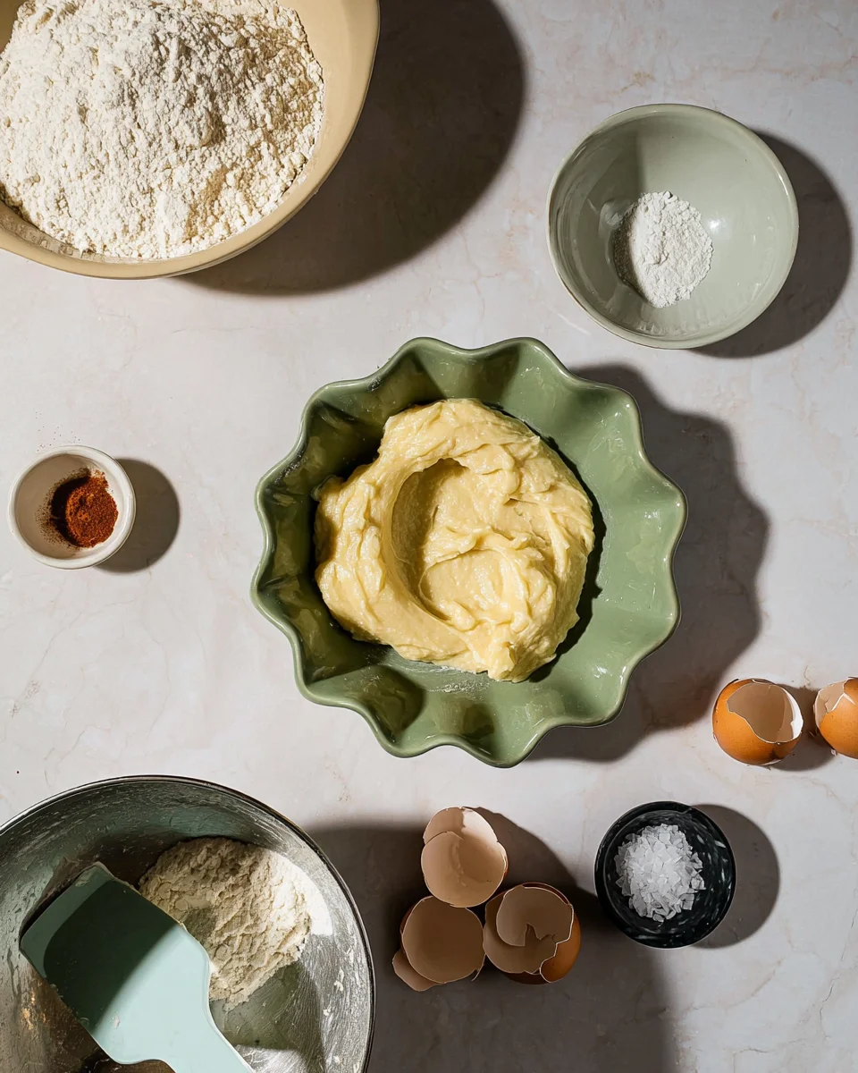 Baking ingredients on a marble surface: flour, cinnamon, cracked eggshells, and salt surround a mixing bowl and a green dish with dough.