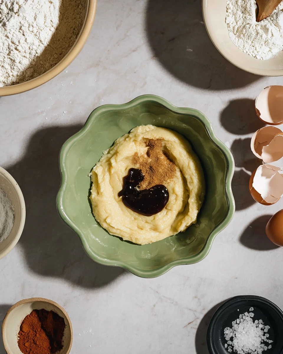 Bowl with batter, vanilla extract, and cinnamon on a counter, surrounded by flour, eggshells, and salt.