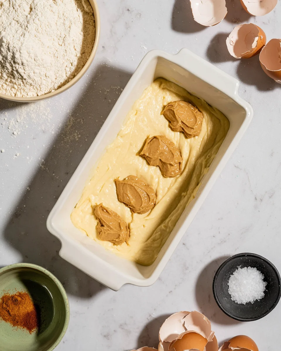 Baking dish with cream-colored batter topped with blobs of a lighter brown mixture. Surrounded by eggshells and bowls of ingredients on a marble surface.