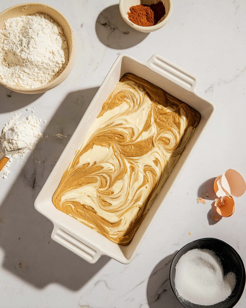 A marble cake batter in a rectangular white baking dish surrounded by bowls of flour, cinnamon, and broken eggshells on a marble surface.