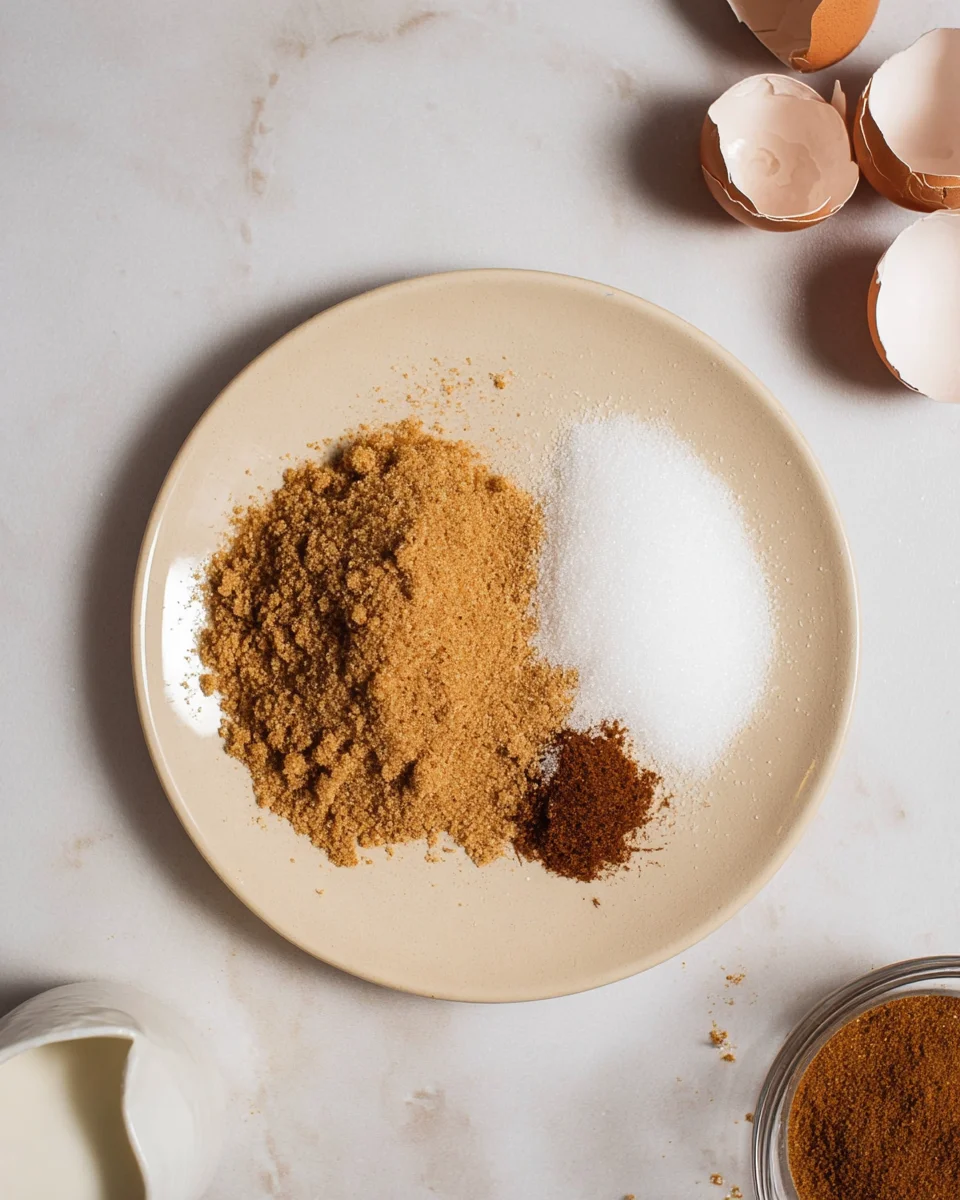 A plate with brown and white sugar, cinnamon, and ground spices on a marble surface. Eggshells, cinnamon, and milk are nearby.