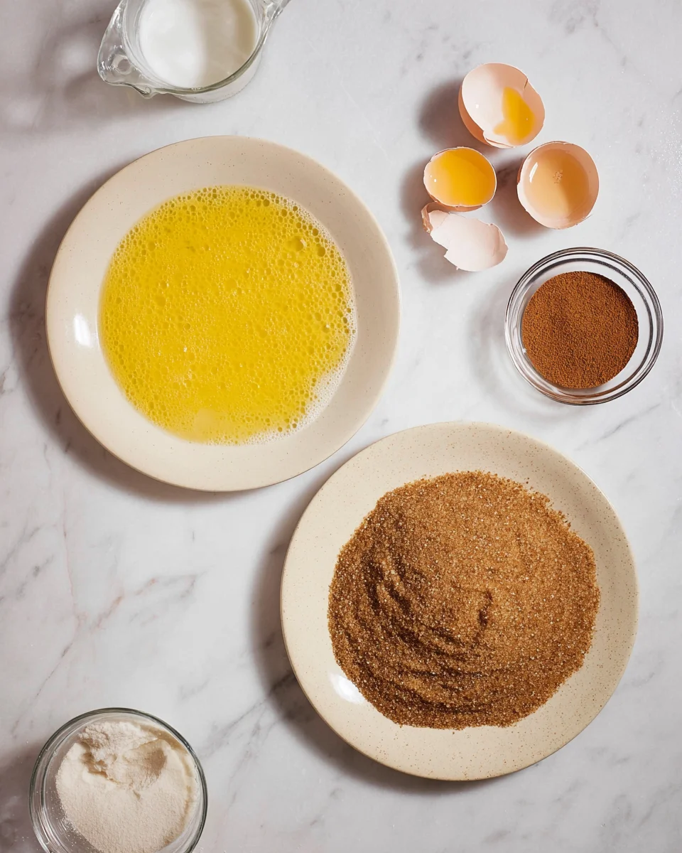 Ingredients laid out for baking: melted butter in a bowl, cinnamon and sugar mixture, brown sugar, milk, cracked eggshells, and a small bowl of cinnamon on a white surface.