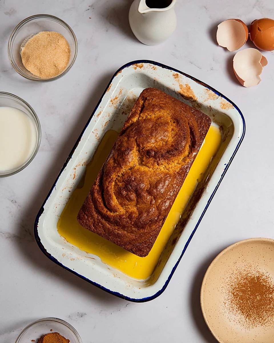 A loaf of golden-brown bread on a rectangular pan, surrounded by milk, cinnamon, brown sugar, eggshells, and a plate with sprinkled sugar on a marble countertop.