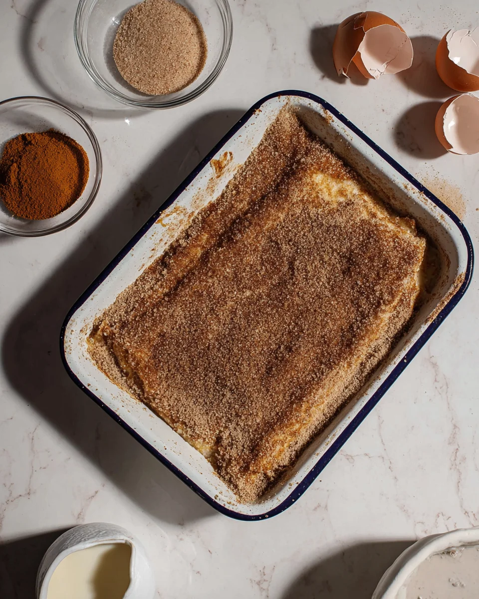 A baking tray with a rectangular dessert covered in a brown crumb mixture, surrounded by eggshells, brown sugar, cinnamon, and a cup of milk on a marble countertop.