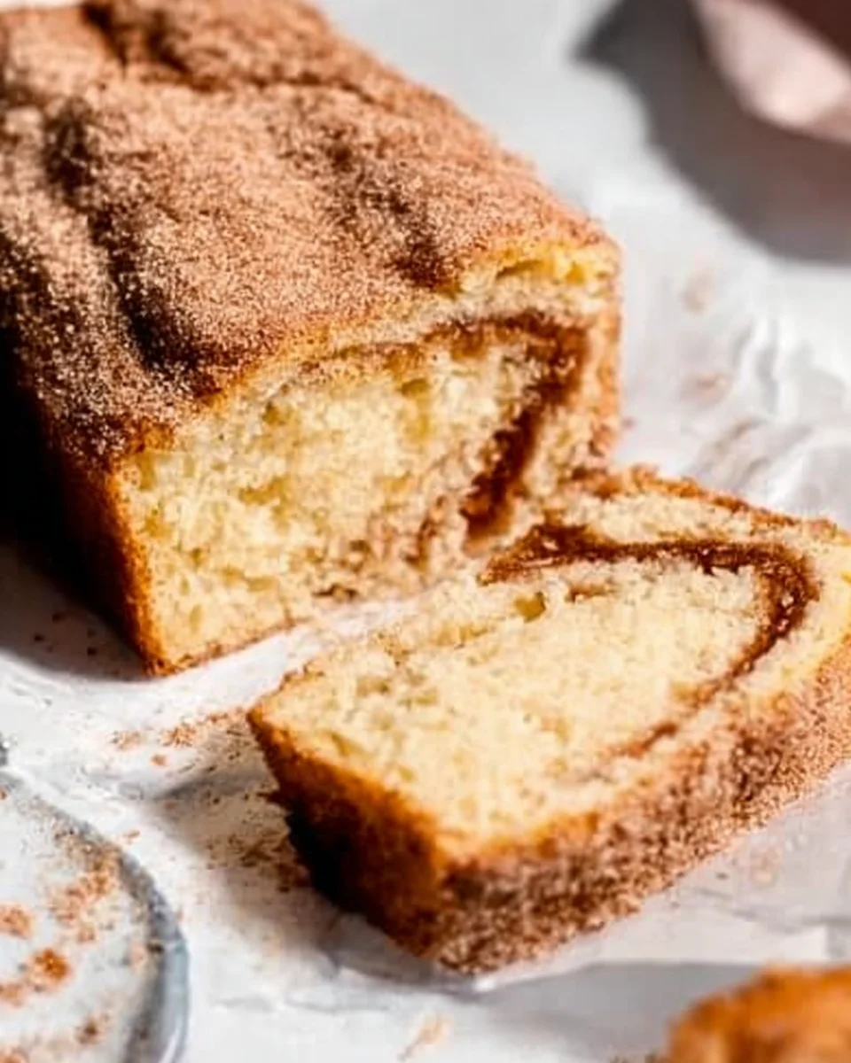 A loaf of cinnamon swirl bread on a white surface, with one slice cut and laid in front, showing the cinnamon filling.